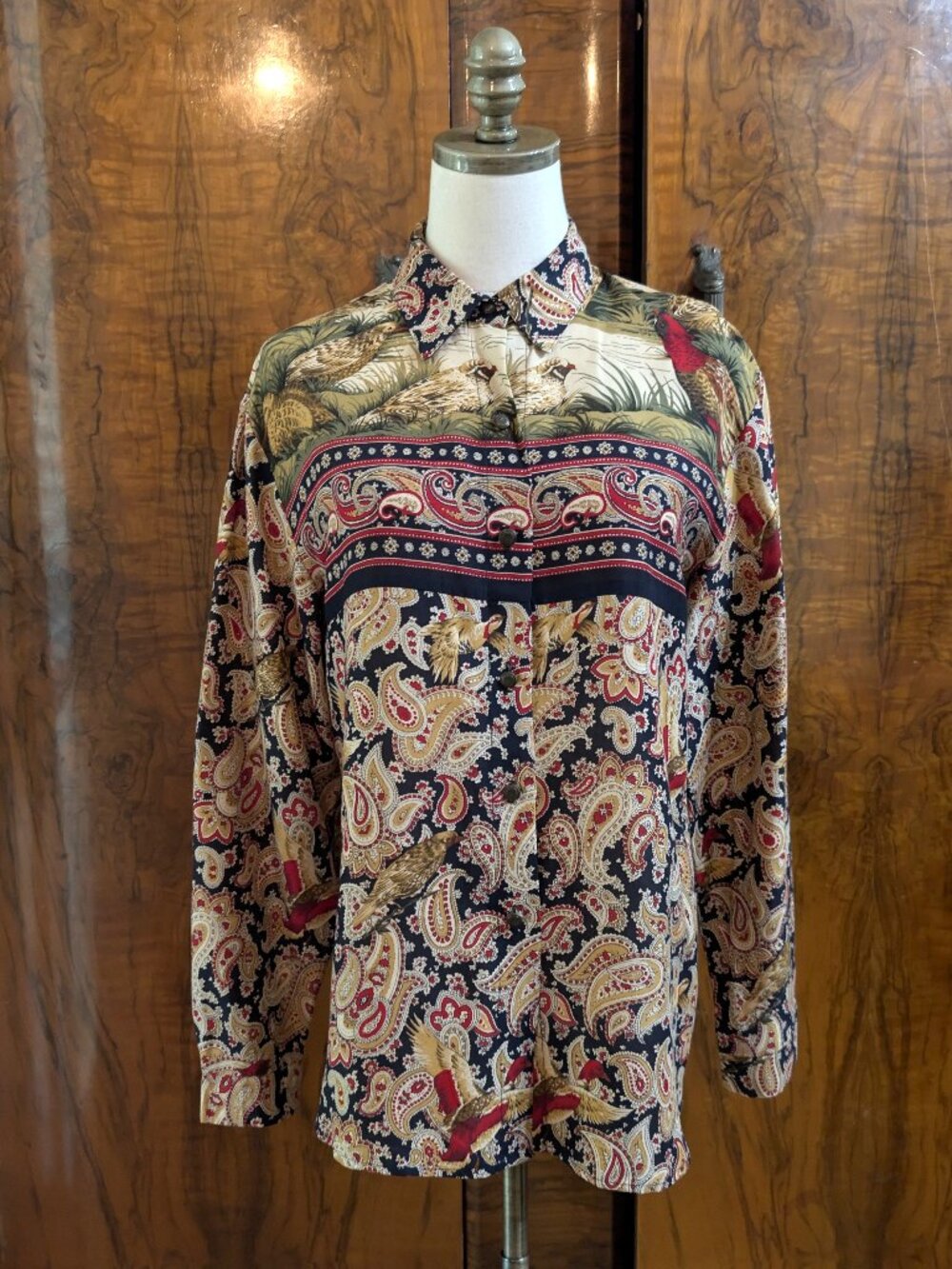 Vtg FStop Pheasant & Paisley Blouse Shirt Size M Art to Wear Country Club 80s